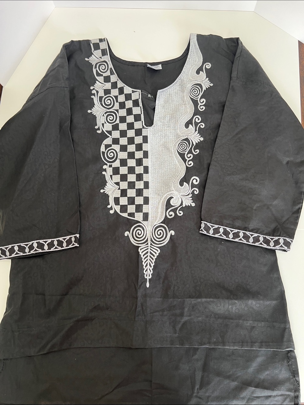Black Men's Embroidered Kurta Shirt with Contrast White Detail